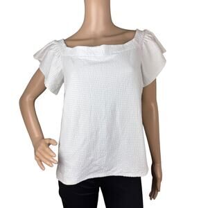 Express L White Square Neck Flutter Sleeve Top Textured Knit Blouse Cotton Blend